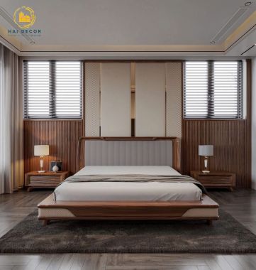 Giường gỗ tự nhiên thiết kế tối giản cho không gian phòng ngủ hiện đại